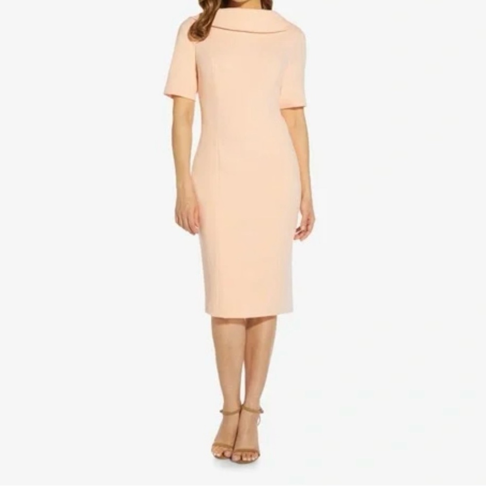 Adrianna Papell Peach Midi Sheath Dress with Cowl Neck